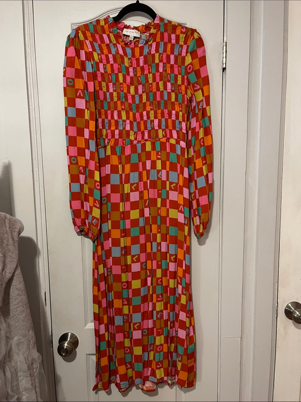 Multi-Color Checkered Long Sleeve Midi Dress